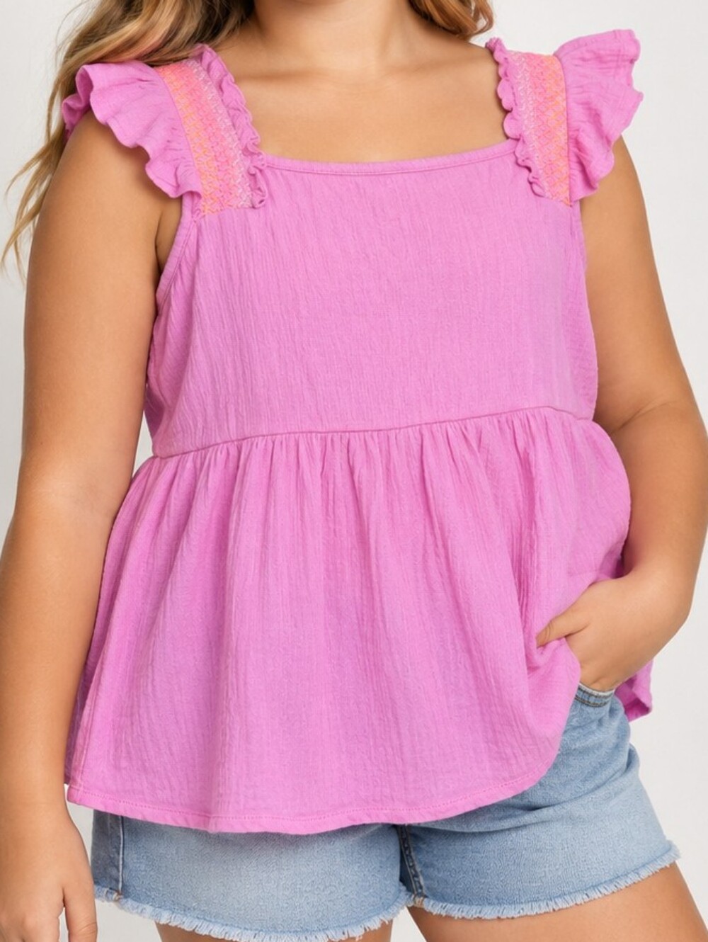 LANDS' END Girls PLUS Smocked Flutter Sleeve Gauze Tank Top Pink 10+-12+